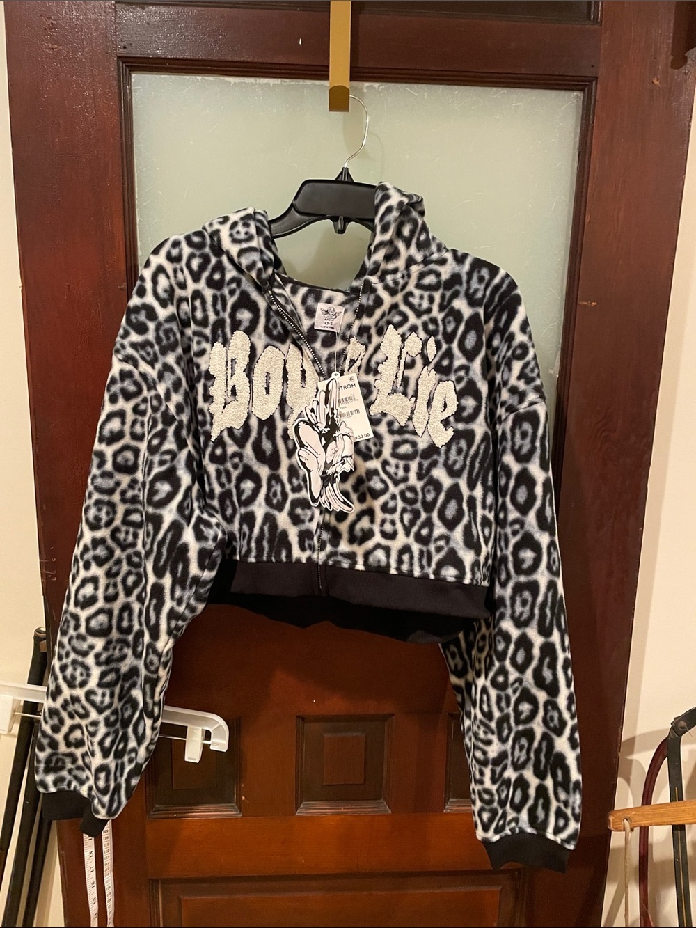 Boys Lie Black & White Leopard Fuzzy Zip Hoodie